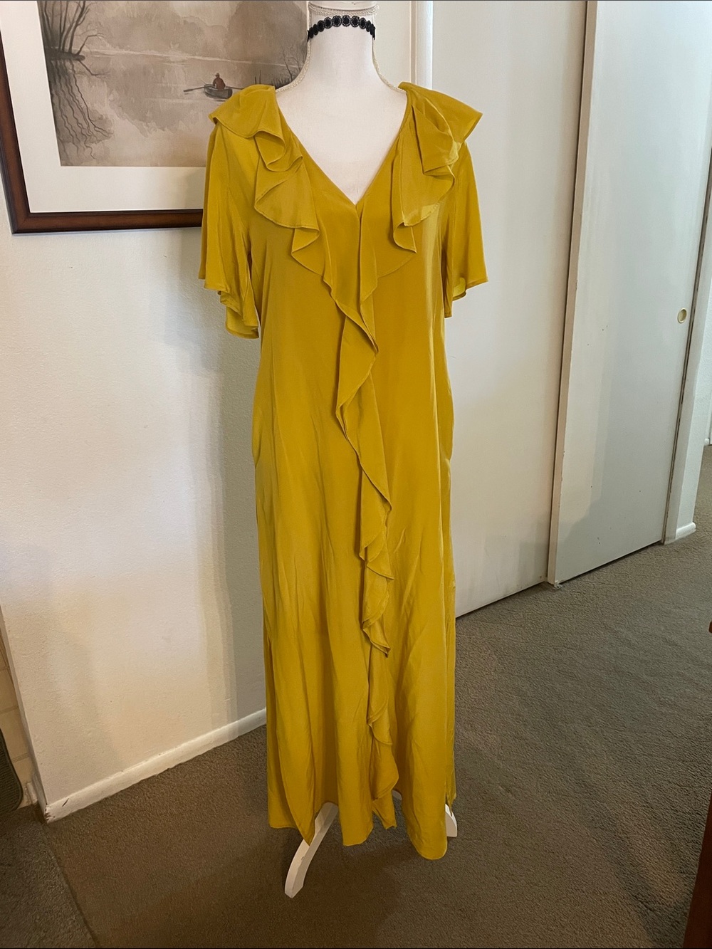 NWT 2 Pc Gold Hawk Victorian Ruffle Silk Dress with matching slip Yellow Small